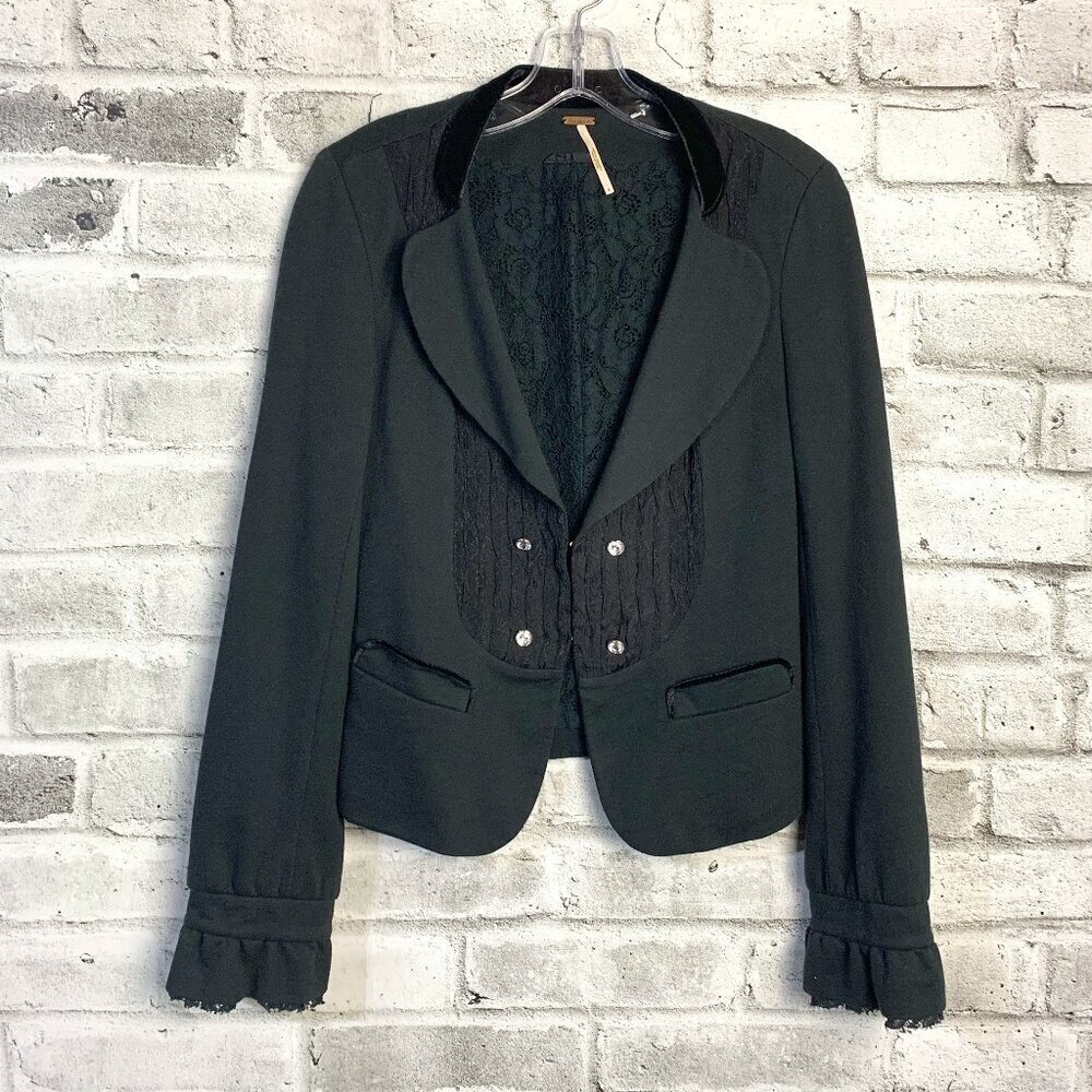 Free People Black Cropped Tuxedo Blazer Lace Velvet Trim Jacket